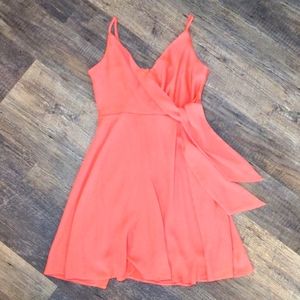 Express | Hot Coral Pink Wrap Front A-Line Satin Dress NWOT